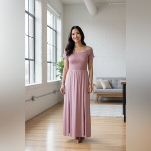 NWT EXPRESS ($59.95USD) Old Rose Smocked Off Shoulder Maxi Dress/Side Slits